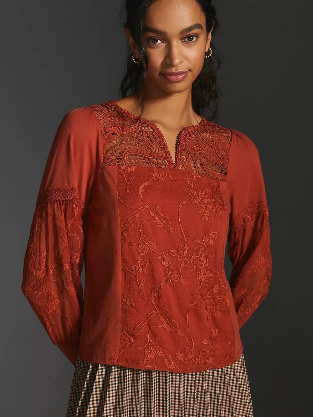 Anthropologie Tiny Noah Blouse Womens M Rust Embroidered Boho Floral Lace Fall